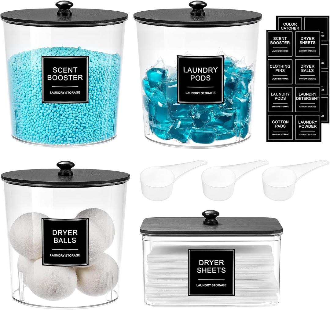 Laundry Pods Container & Dryer Sheet Holder, Laundry Room Organization and Storage Jars with Lids, Labels & Scoops for Powder Detergent Scent Booster, Black Lid