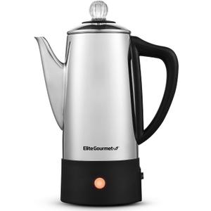 Elite Gourmet 6-Cup Electric Coffee Percolator, Stainless Steel, 1000W
Fast brewing, Keep Warm, auto shut-off, clear brew progress knob, cordless serving base, reusable filter