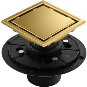 Hidden Brushed Square Shower Floor Drain, Gold 4 inch, 304 Stainless Steel, with Flange, Detachable Cover Embedded in Ceramic Tiles