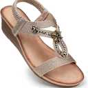 SHIBEVER Women's Wedge Sandals Flower Low Heel Dressy Sandals Elastic Ankle Strap Rhinestone Summer Comfortable Shoe (6.5, Bronze)