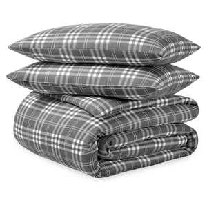 Bare Home Flannel Duvet Cover Set - Queen - 100% Cotton, Velvety Soft Heavyweight Premium Flannel, Double Brushed - Includes Sham Pillow Covers (Queen, Stirling Plaid - Grey/White)