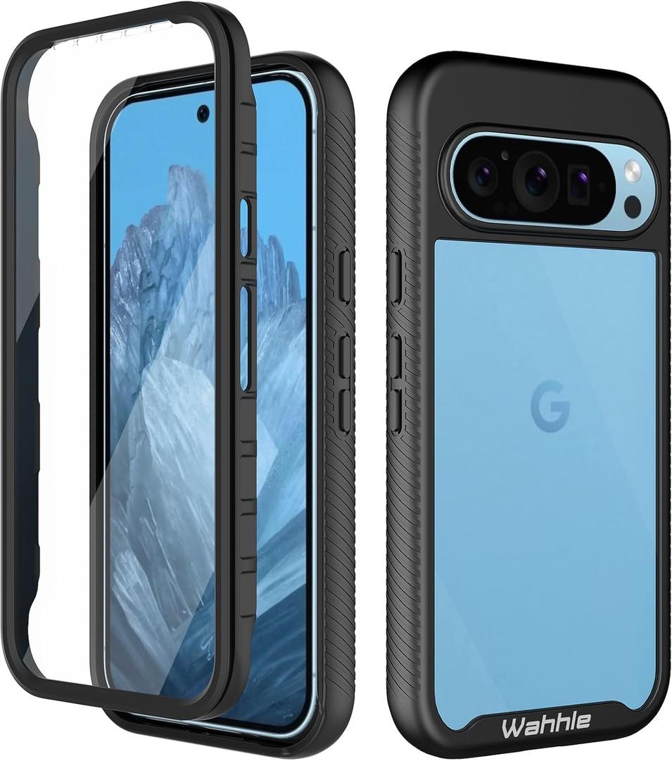 wahhle Compatible with Google Pixel 9/9 Pro Case, Built in Screen Protector Full Body Shockproof Slim Fit Bumper Protective Phone Cover for Men Women-Black/Clear