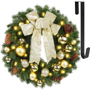 Hausse Lighted Christmas Wreath with Metal Hanger, Pre-lit Xmas Wreath with Large Golden Bow & Balls, Battery Operated with 40 LEDs Lights, for Front Door Gate Wall Christmas Party Decorations (15 Inch)