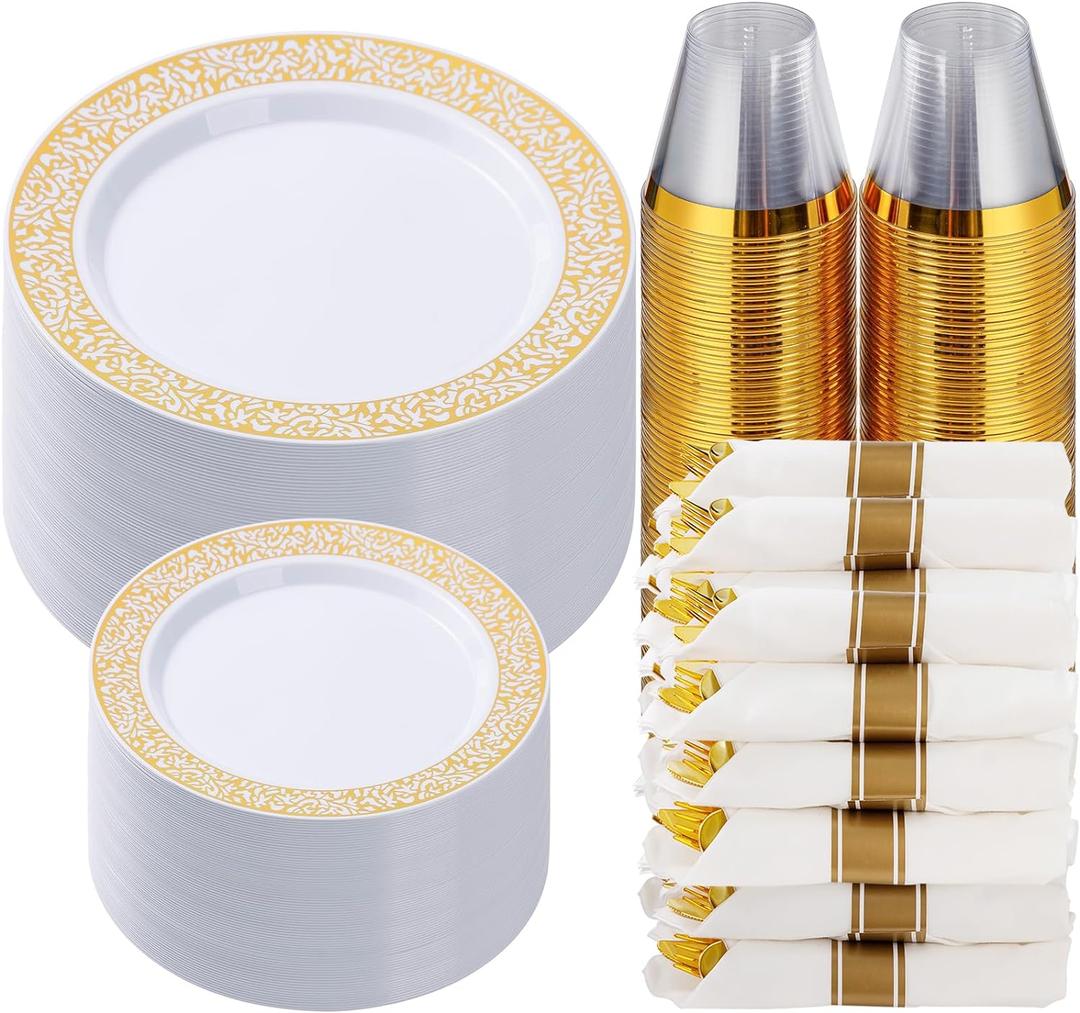 Goodluck 350 Piece Gold Plastic Dinnerware Set for 50 Guests, Disposable Lace Plates for Thanksgiving, Include: 50 Gold Plates, 50 Dessert Plates Disposable, 50 Pre Napkins with Silverware, 50 Cups