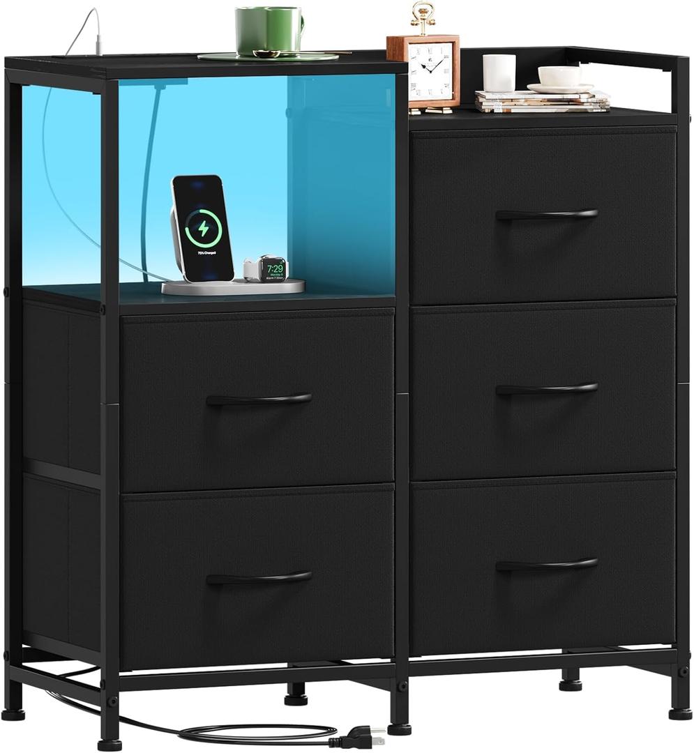 Somdot Black Nightstand with Charging Station and LED Light, Wide 5 Drawers Dresser for Bedroom with Fabric Bins and Open Shelf for Bedroom Kids Closet Dorm Guest Room, Black