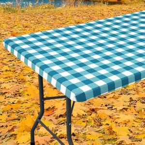 Smiry Rectangle Picnic Table Cloth, Elastic Waterproof Fitted Vinyl Tablecloths, Flannel Backed Buffalo Plaid Table Covers for Dining, Camping, Outdoor (White and Turquoise, 30" x 72")