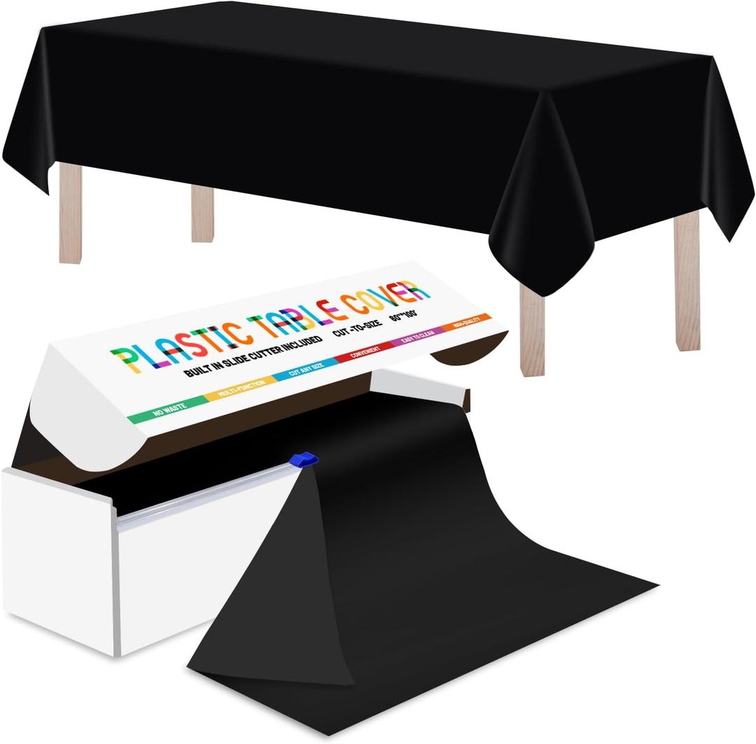 60 Inch X 100 Feet Plastic Table Cover Roll with Convenient Slide Cutter,Disposable Plastic Table Cloth Roll with Cut-to-Size Design for Weddings, Banquets, Parties (Black, 1200" x 60" Rectangular)