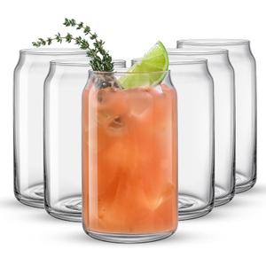 JoyJolt Drinking Glass Cups Set of 6-16oz Beer Can Glasses. Clear Soda Can Shaped Glass Cups, Cute Iced Coffee Cup Tumblers, Cold Drink Glassware, Unique Water, Tea, Cocktail Glass Set 5 pack