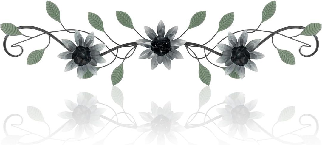KHJCXS Metal Wall Art Modern Minimalist Metal Flowers Indoor Decor Horizontal Wall Art Iron Artwork,for Over Door,Bedroom,Living Room,Kitchen,Officel Scroll Decor(Black)