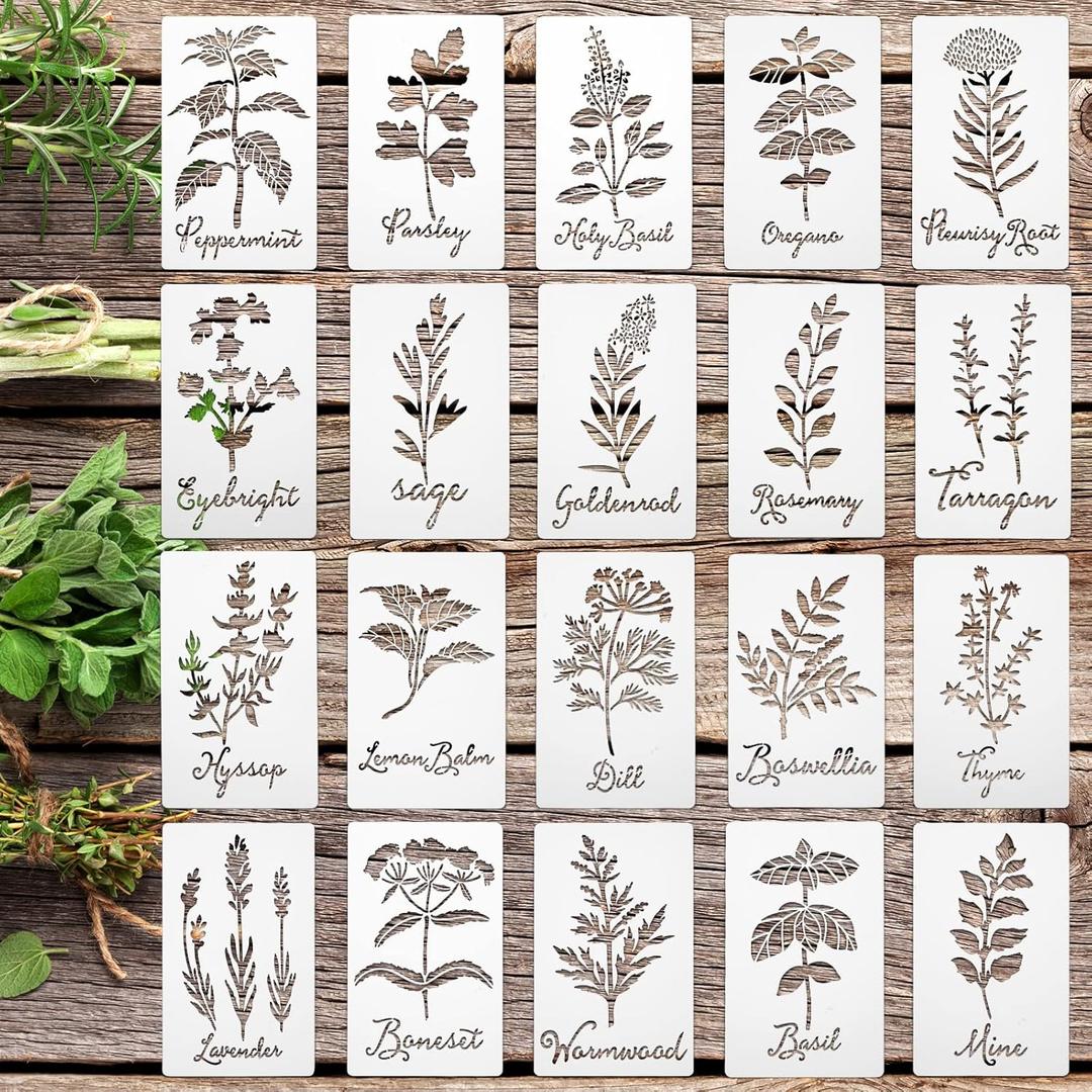 Jecery 20 Pcs Herb Stencils for Craft Painting on Wood Reusable DIY Craft Paint Template Herb Botanical Leaf Garden Kitchen Plant Stencils for Art Scrapbook Wall(7.87 x 4.72 Inches)