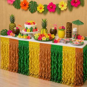 OHOME Luau Party Decorations - Green Gold Rose Tropical Streamers Table Skirts 2 Pack | Hawaiian Party Decorations for Indoor Outdoor - Summer Beach Pool Birthday Favors Supplies for Home Wall