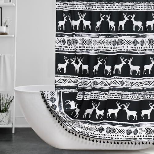 Boho Black and White Shower Curtain Fabric Tassel Shower Curtain, Vintage Farmhouse Cloth Chic Tribal Bathroom Shower Curtain 72X72
