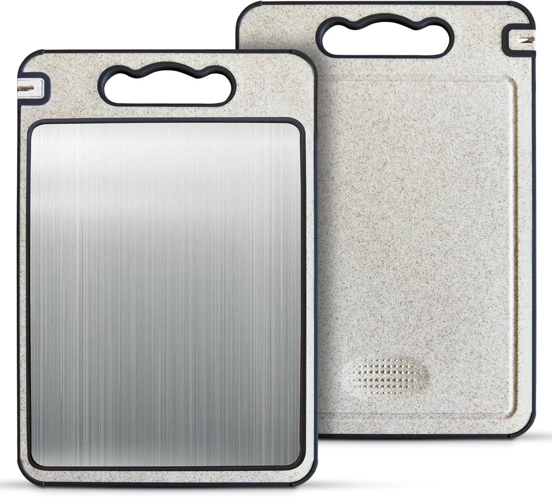 Stainless Steel Cutting Board Double Sided Wheat Straw Stainless Steel Chopping Board for Meat Vegetables with Ceramic Knife Sharpener Juice Groove Grinder, Easy to Clean Food Grade