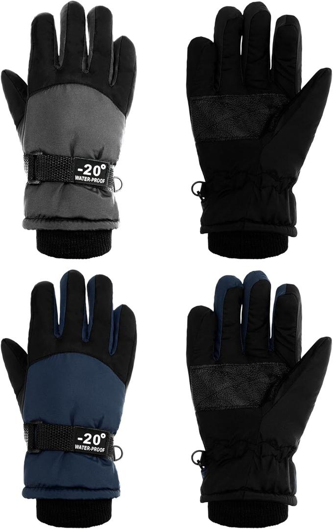 SATINIOR 2 Pairs Kids Waterproof Winter Snow Gloves Ski Gloves for Boy Girl Outdoor Warm Thickening Snowboar (6-10 Years, Dark Gray, Dark Blue)