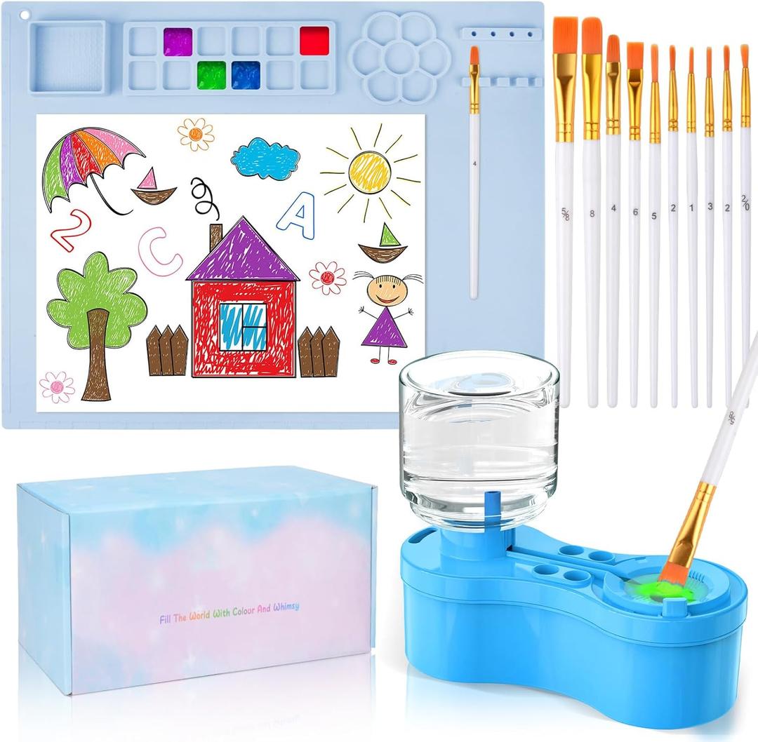 Painting Station, Silicone Painting Mat and Paint Brush Cleaner, 20"X16" Silicone Art Mat with 10 Paint Brushes, Paint Brush Rinser, Art Painting Supplies Set (Blue)