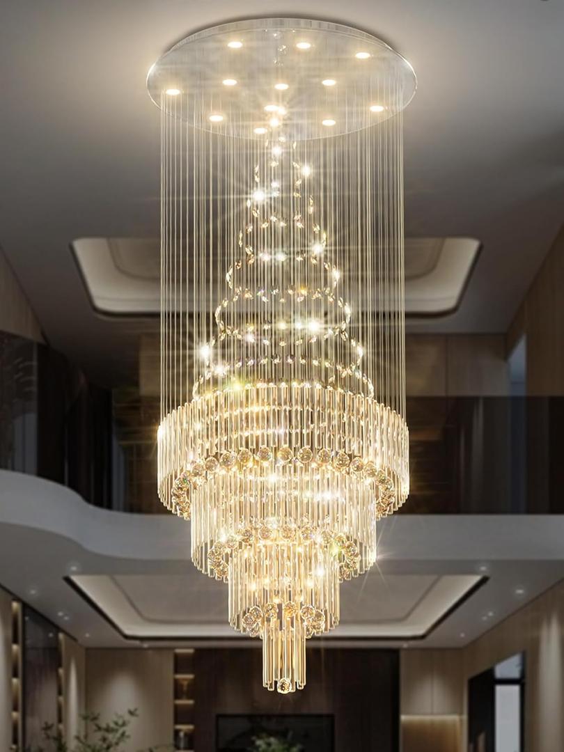 D32''x H110'' Modern Long Staircase Crystal Chandeliers Entryway High Ceiling Lamp Foyer Large Crystal Chandelier Chrome Include Dimming Bulb 3000K-6000K