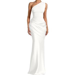Memoriesea Women's Sexy One Shoulder Asymmetrical Pleated Formal Evening Gown Maxi Dress, Medium, White