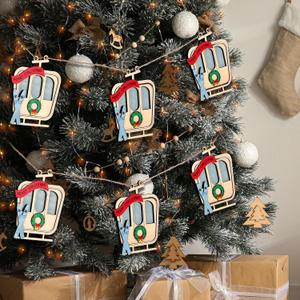 9 Foot Ski Lift Gondola Hanging Christmas Garland with Wooden Ski Ornaments and Cable Car Skier, Perfect for Home Party Decor