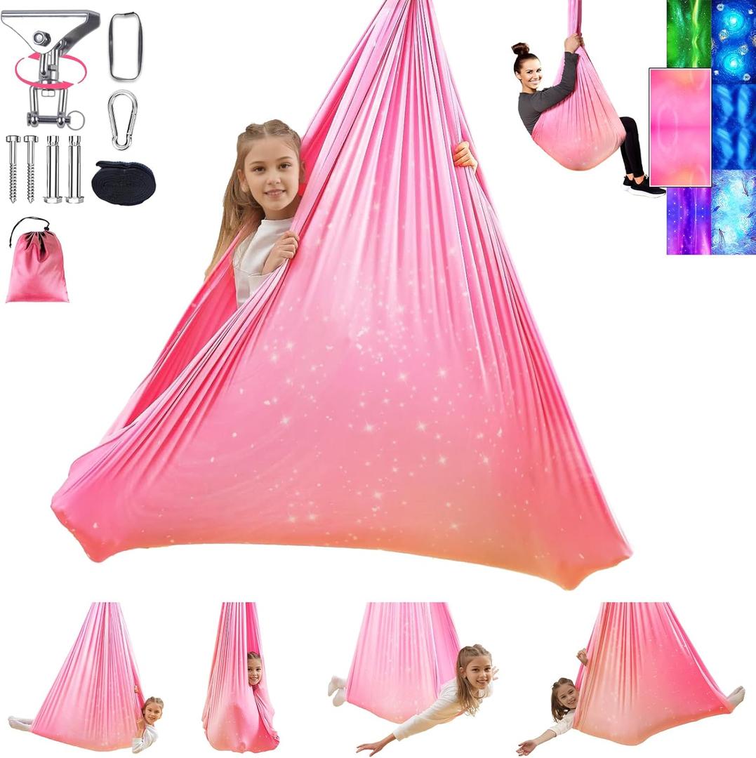 Sensory Swing for Kids and Adults Indoor & Outdoor Double Layer Therapy Cuddle Holds up to 300lbs Adjustable Hammock Chair with 360 Swivel Hanger Kit Effect for Aspergers Autism ADHD(Fantasy Pink)
