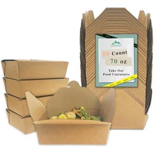 70Oz 50Pcs Disposable Take Out Food Containers, Brown Food Boxes To Go Kraft Paper Takeout Box Microwaveble and Refrigerator Safe(70OZ-50PACK)