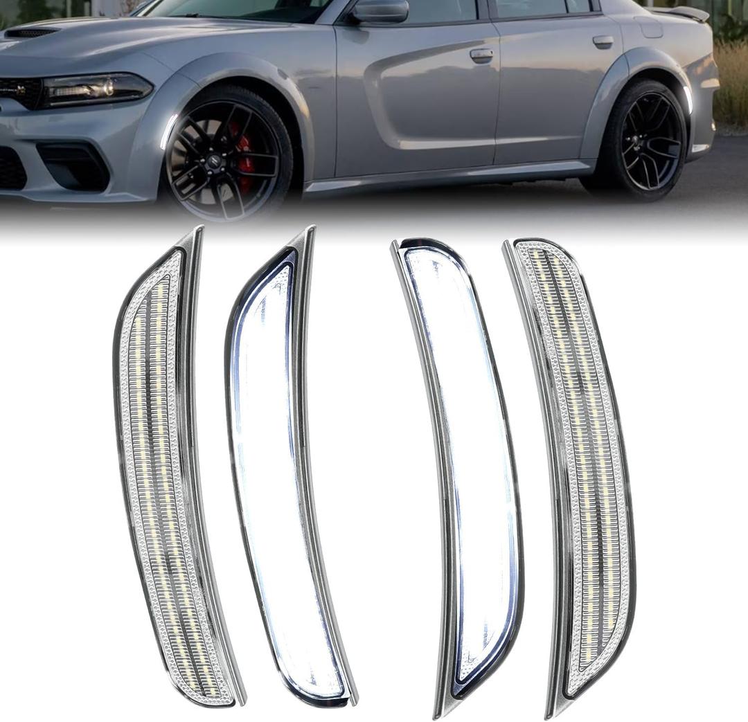 ROCCS 4PCS LED White Side Marker Lights Compatible with Dodge Charger SRT Hellcat Scat Pack 2015-2023 Front Rear Bumper Turn Signal Light, OEM part number 68214405AA/68214404AA/68214127AA, Clear Lens
