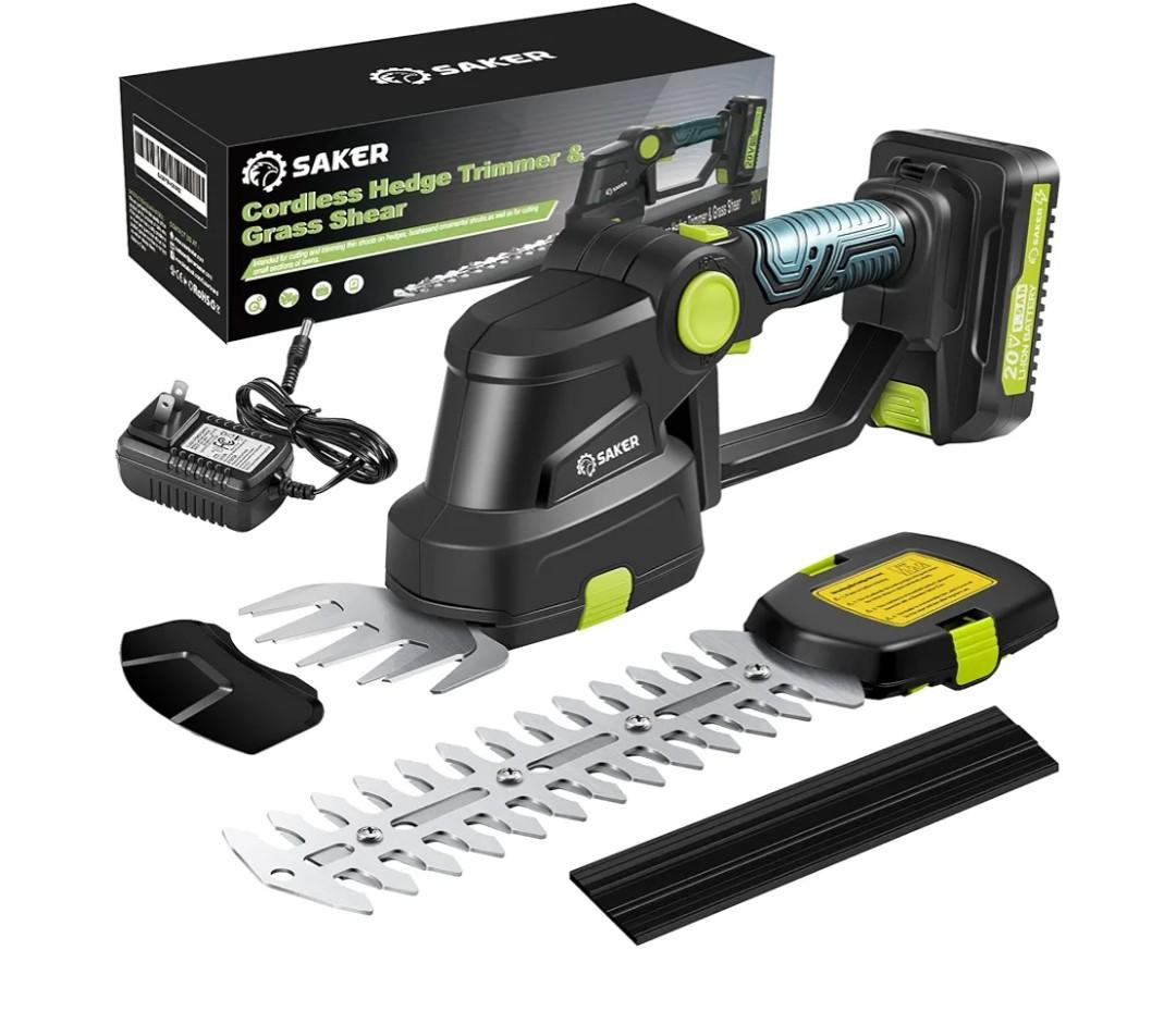 Saker Cordless Hedge Trimmer-20V Electric Shrub Trimmer Grass Shears Handheld Grass Cutter, Hedge Shear with 1 PCS Rechargeable Battery and Charger for Garden, Lawn