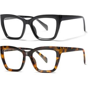 2 Pack Retro Oversized Reading Glasses for Women Men, Blue Light Blocking Computer Readers Stylish Spring hinge, Magnification Strength: 1.50 x