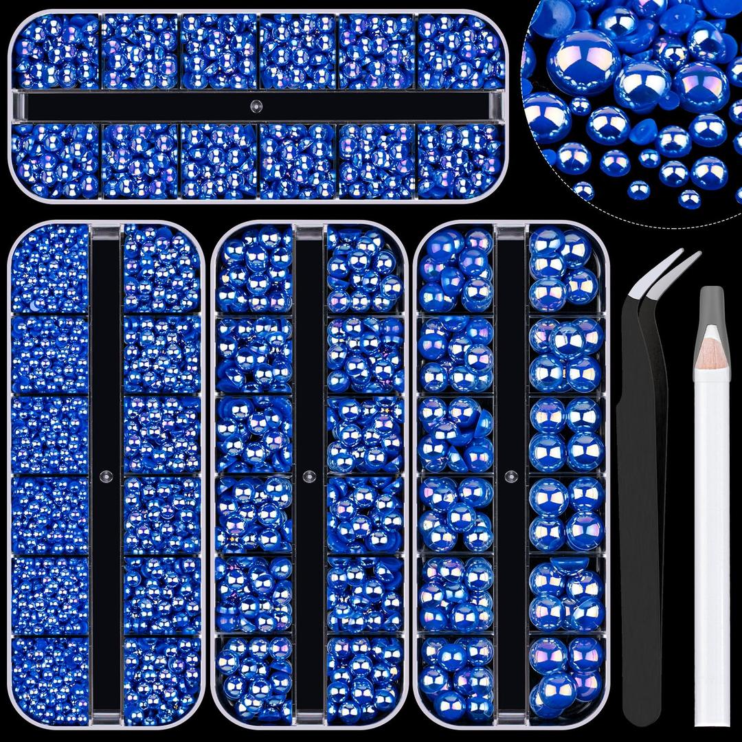 4 Boxes Flat Back AB Pearls Kit 6 Flatback Royal BlueAB Half Round Pearls 3-10mm with Pickup Pencil and Tweezer for Home DIY and Professional Nail Art, Face Makeup and Craft