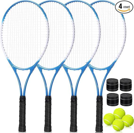 4 Pack Tennis Rackets for Adults Prestrung Lightweight
27 Inch Racquets Bulk, Tennis Balls, for 4 Players Recreational Training, Overgrips, Pre Strung Ready Outdoor Courts