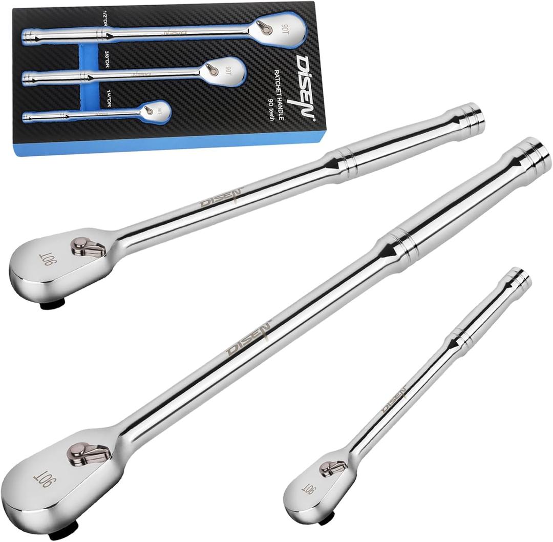 DISEN 3PCS Long Drive Ratchet Handle, 1/ 2'', 1/ 4'', 3/ 8'' 90 Tooth Ratchet Wrench with Dust Proof Teardrop Enclosed Head, Reversible, CR-V Steel Made, CR-MO Head, Full Polished, Gifts for Men