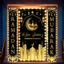 Preboun 3 Pcs Ramadan Mubarak Hanging Banner LED Eid Mubarak Decoration Set 71 x 35.4/11.8 Inch Lighted Black and Gold Moon Lantern Backdrop and Porch Sign Ramadan Mubarak Decoration Outside Outdoor