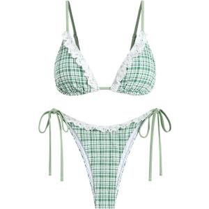ZAFUL Women's Triangle Bikini Lace Frilled Ruffles Gingham Print Tie Side Spaghetti Strap 2 Pieces Bikini Swimsuit (Medium, 3-green)