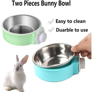 Rabbit Bowls Set, Big Pet Bunny Food Bowls Small Animals Cage Bowl and Stainless Steel Hanging Water Food Feeder Bowls for Big Bunny Food Dish (2 PCS)