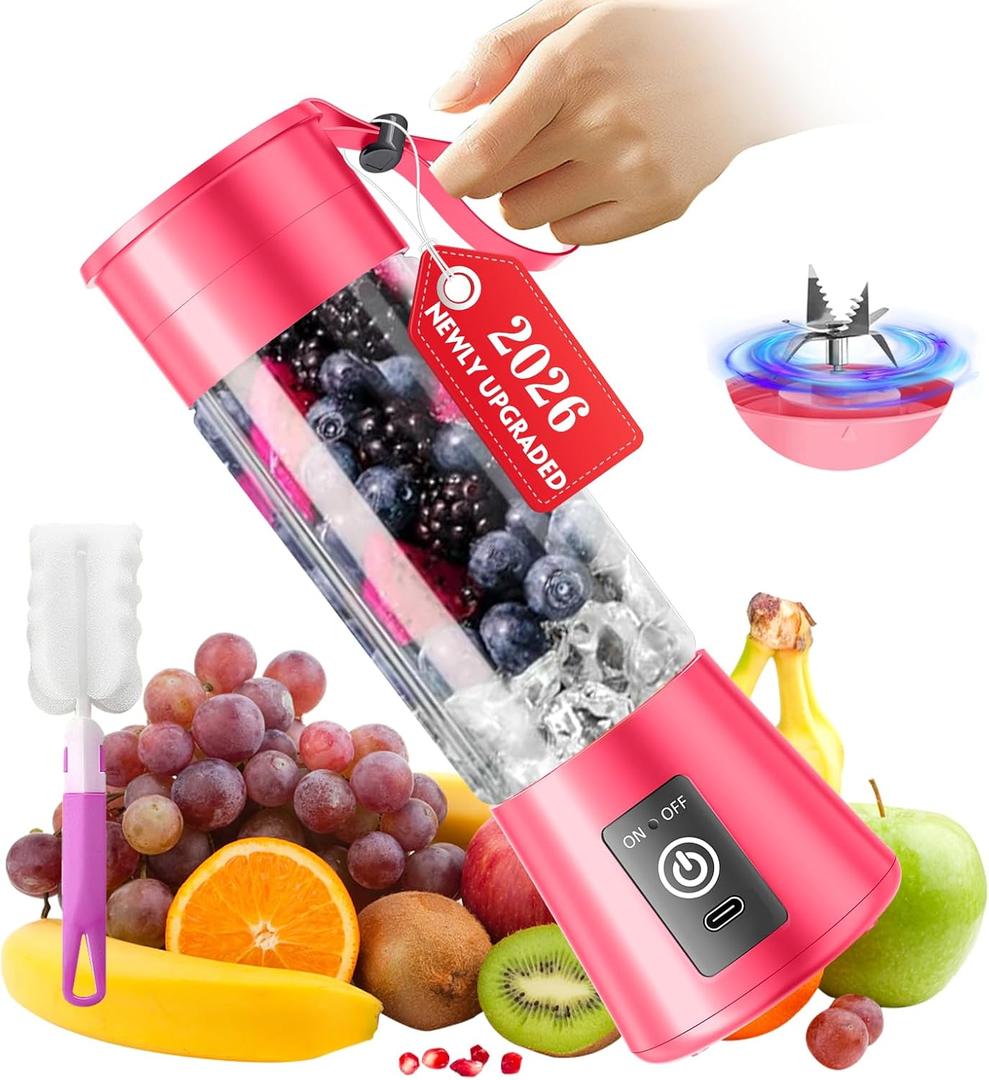 Cordless Portable Personal Size Blender - Mini Blender Make Smoothies and Shakes, 380Ml BPA Free Travel Cup, Powerful Blending Suit in Office/Home/Gym (RoseRed)