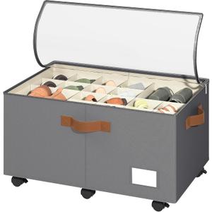 Foyego Shoe Organizer for Closet, Shoe Storage Organizer with Wheels and Adjustable Dividers, Stackable Shoe Storage Box with Clear Cover, Foldable Closet Shoe Organizer Fits up to 24-48 Pairs, Gray