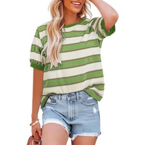 Dokotoo Womens Summer Tops 2026 Striped Color Block Short Sleeve Fashion T-Shirts Crewneck Casual Loose Basic Tee Blouses (Green, M)