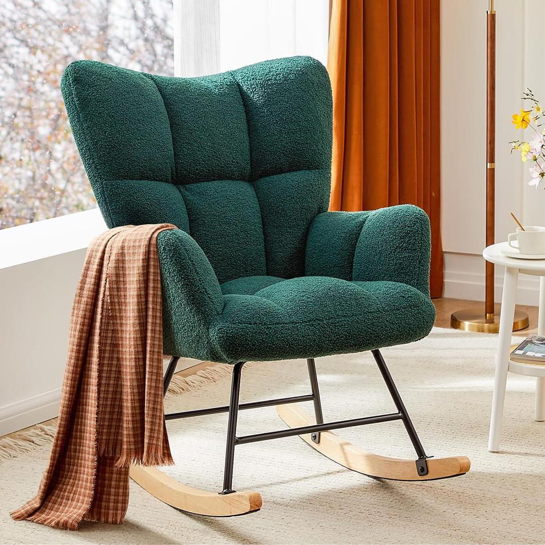 Sweetcrispy Rocking Chair Nursery, Teddy Upholstered Glider Rocker with High Backrest, Reading Chair Modern Rocking Accent Chairs Glider Chair for Nursery, Living Room, Bedroom (Pine Green)