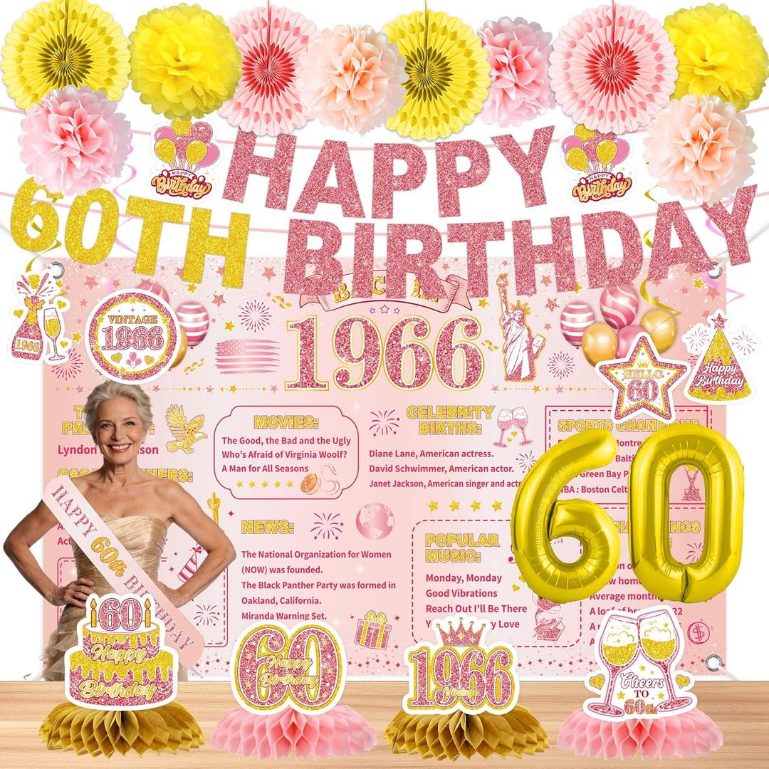24 Pcs 60th Birthday Decorations for Women, Back in 1966 Party Supplies, Pink Gold 60th Birthday Banner Backdrop Hanging Swirls Balloons Honeycomb Centerpieces Sash