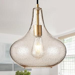 11" Gold Seeded Glass Pendant Light, Mid Century Kitchen Island Light, 12inch