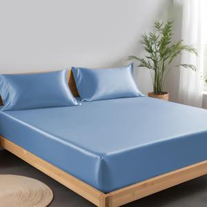 LINENWALAS Tencel Lyocell Fitted Sheet Only with Secure Snug Fit All Around Elastic 16 Inches Deep Pocket - Softest Cooling Eucalyptus Silk Bedding (Bahamas Blue, Queen)