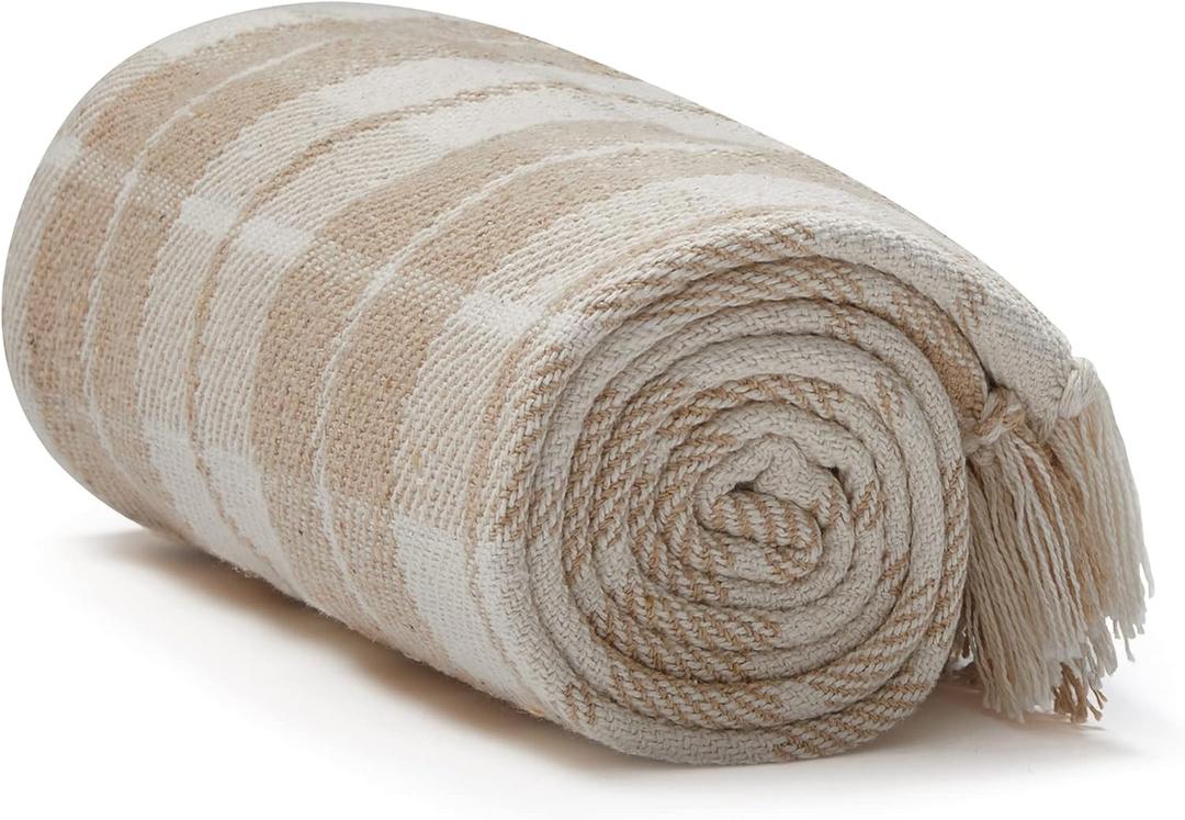 Americanflat 50x60 Throw Blanket - Soft and Breathable Cotton Throw Blanket for Couch, Bed, Chair - Decorative Blankets Perfect for Home, Office, or Outdoor Use - Ecru Camel Plaid Design