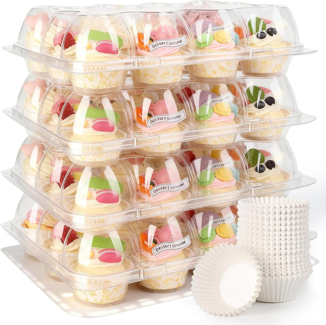 12 Pack Dozen Cupcake Containers with 144 Liners Stackable Cupcake Carrier 12 Count Plastic Cupcake Boxes Cupcake Holders