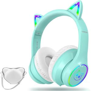 LOBKIN Bluetooth 5.4 Kids Headphones with Case - RGB LED Light Up Cat Ears Foldable Adjustable Over Ear Headphone Support Wireless or 3.5mm Wired Mode for Toddler & Girls & Boys Teens (Green)