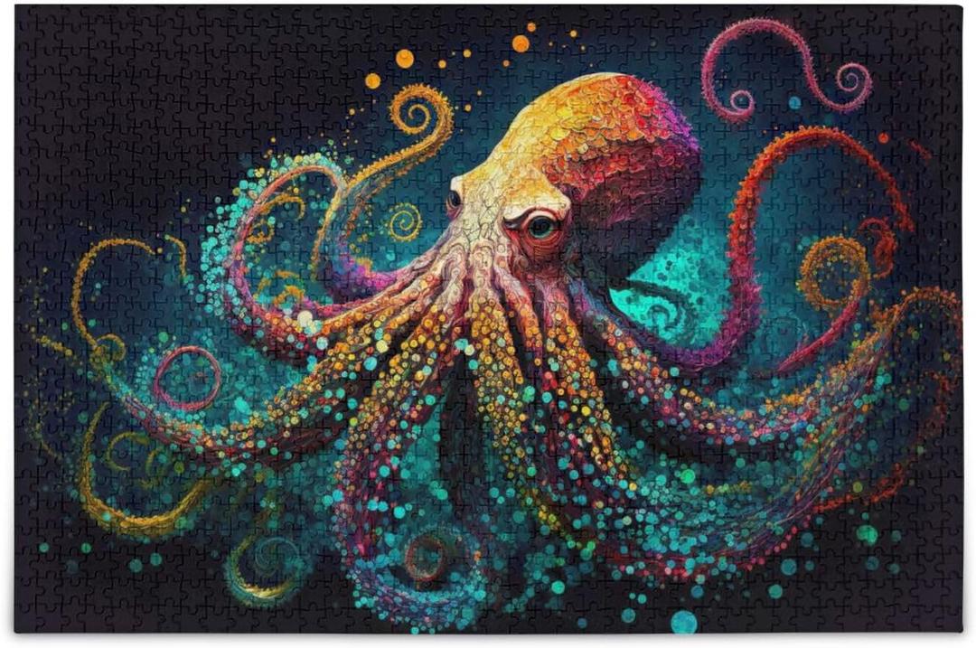 Wooden Jigsaw Puzzle 1000 Pieces Painting Octopus Orange Print, Zigsaw with Alphabet Partition Storage Bag Easy to Solve for Adults