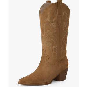 iiimmu Cowgirl Boots Women Knee High Boots Pointed Toe and Block Heel Cowboy Suede and Faux Leather Boots with Embroidered 7.5