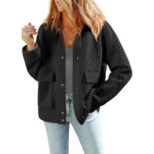 Dokotoo Jackets for Women Casual Long Sleeve Collared Jacquard Coats Trendy Button Down Shacket Jacket with Pockets (Small, Black)