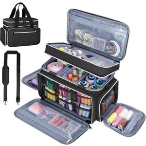 Anitor Large Sewing Supplies Organizer, Double Layer Sewing Storage Organizer with Two Detachable Dividers, Travel Sewing Bag Organizer with Shoulder Strap for Accessories, Black, (Bag Only)