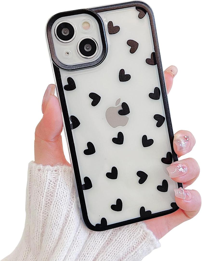 Compatible with iPhone 14 Case Cute Clear Black Love Heart Pattern for Girls Women, Soft TPU Shockproof Protective Designed for iPhone 14 Case-Black