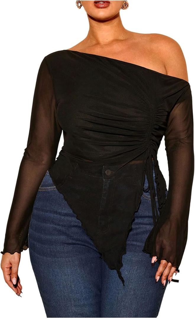 RoseSeek Women's Plus Size Sheer Mesh Off Shoulder Tops Long Sleeve Drawstring Asymmetrical Hem Ruched T Shirt (3X-Large Plus, Black)