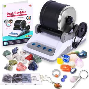 BUAOB Rock Tumbler Kit - Turn Rough Rocks into Beautiful Gems with 7-Day Timer, Includes 2 Belts, Bag of Rough Stones, 4 Stages of Grits: Coarse, Fine, Polishing, Final Polishing